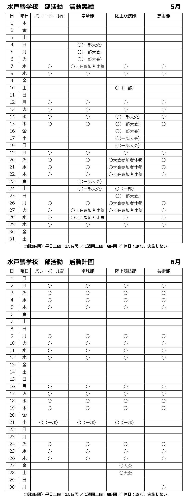 部活動5月活動実績　6月活動予定